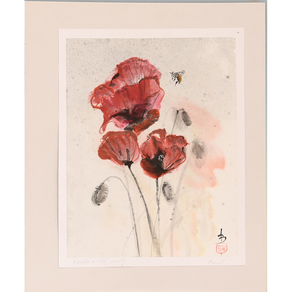 Kalligraphie – Biene und Mohnblumen 
