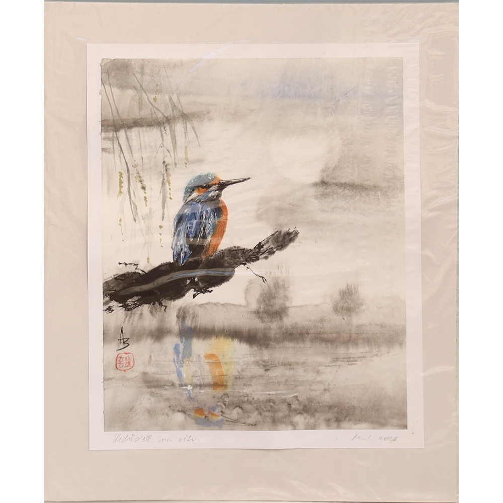Kalligraphie – Eisvogel auf einem Ast