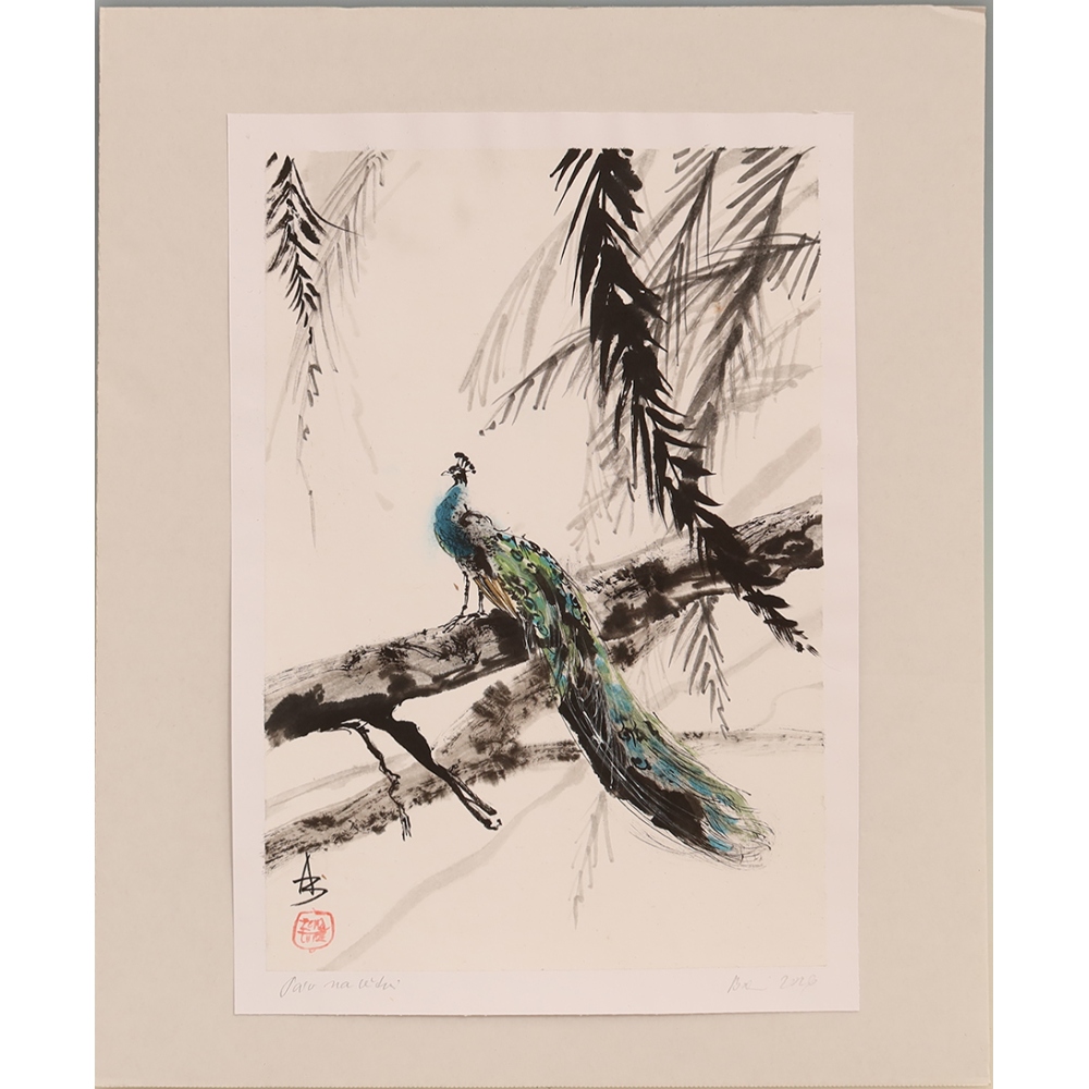 Kalligraphie – Pfau auf einem Ast