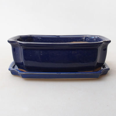 Bonsai-Schüssel + Untertasse H17 - Schüssel 14,5 x 10,5 x 4,5 cm, Untertasse 14,5 x 10 x 1 cm, Blau